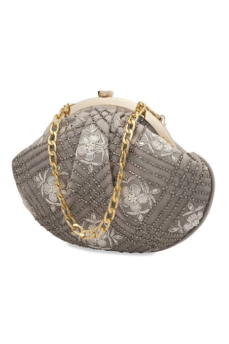 NR By Nidhi Rathi_Gray Embroidery, Beads Grey And Gold Half Moon Clutch_at_Aza_Fashions