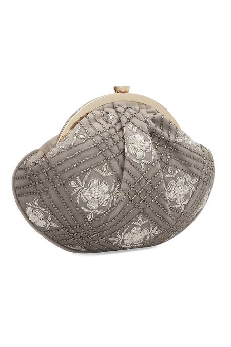 Buy_NR By Nidhi Rathi_Gray Embroidery, Beads Grey And Gold Half Moon Clutch