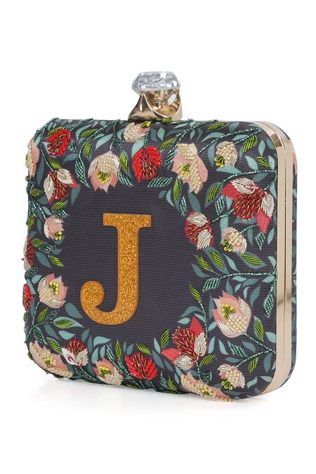 NR By Nidhi Rathi_Black Embroidery, Beads, Stones Floral Printed Box Clutch _Online_at_Aza_Fashions