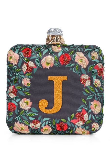 Buy_NR By Nidhi Rathi_Black Embroidery, Beads, Stones Floral Printed Box Clutch _Online_at_Aza_Fashions