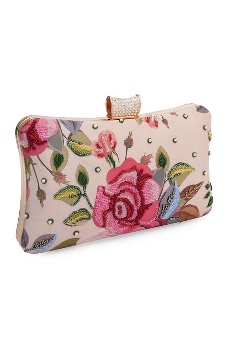 Shop_NR By Nidhi Rathi_Pink Embroidery, Rhinestones Floral Box Clutch_Online_at_Aza_Fashions