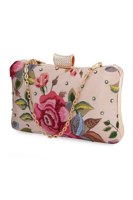 NR By Nidhi Rathi_Pink Embroidery, Rhinestones Floral Box Clutch_at_Aza_Fashions
