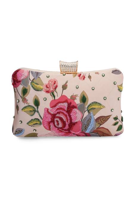 Shop_NR By Nidhi Rathi_Pink Embroidery, Rhinestones Floral Box Clutch_at_Aza_Fashions