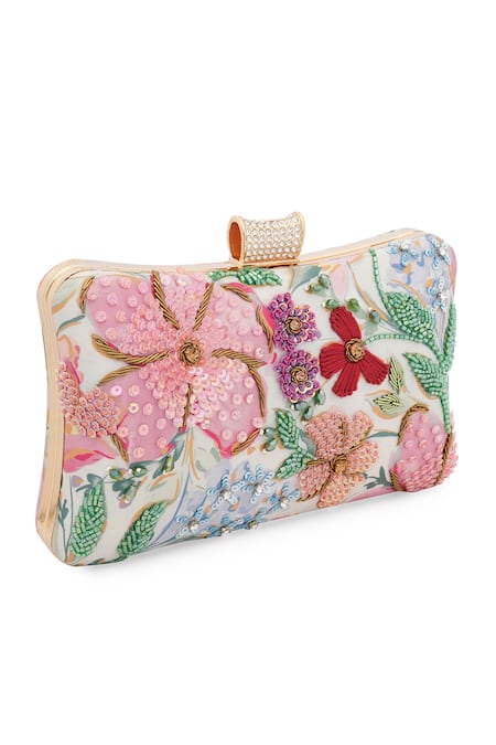 Shop_NR By Nidhi Rathi_Pink Embroidery, Sequins, Beads Floral Hand-embroidered Box Clutch_Online_at_Aza_Fashions