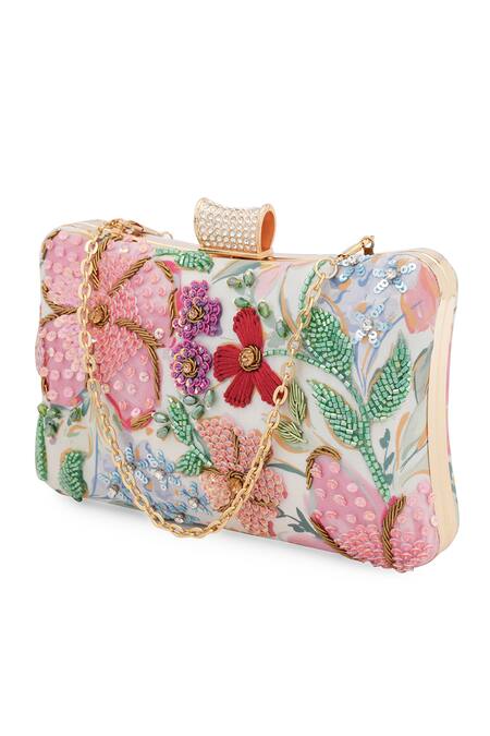 NR By Nidhi Rathi_Pink Embroidery, Sequins, Beads Floral Hand-embroidered Box Clutch_at_Aza_Fashions