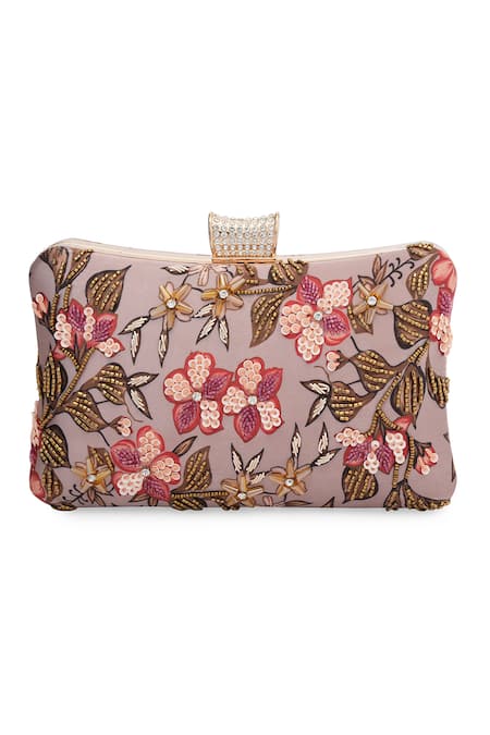 Shop_NR By Nidhi Rathi_Pink Embroidery, Beads Embellished Box Clutch With Sling Chain _at_Aza_Fashions