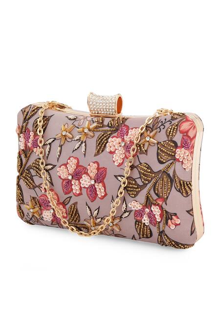 Shop_NR By Nidhi Rathi_Pink Embroidery, Beads Embellished Box Clutch With Sling Chain _Online_at_Aza_Fashions