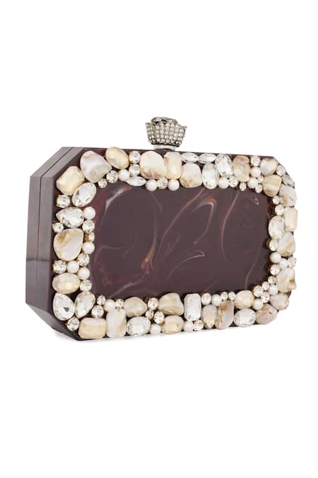 Shop NR By Nidhi Rathi Maroon Crystals, Gemstones And White Embellished Box Clutch Online at Aza Fashions Shop_NR By Nidhi Rathi_Maroon Crystals, Gemstones And White Embellished Box Clutch _Online_at_Aza_Fashions