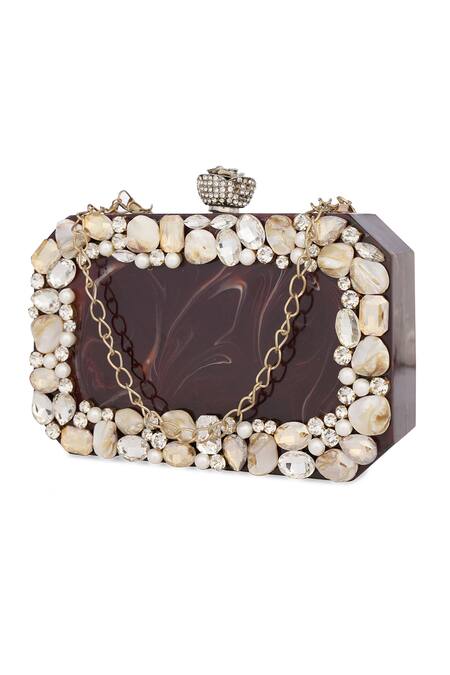 NR By Nidhi Rathi Maroon Crystals, Gemstones And White Embellished Box Clutch at Aza Fashions NR By Nidhi Rathi_Maroon Crystals, Gemstones And White Embellished Box Clutch _at_Aza_Fashions