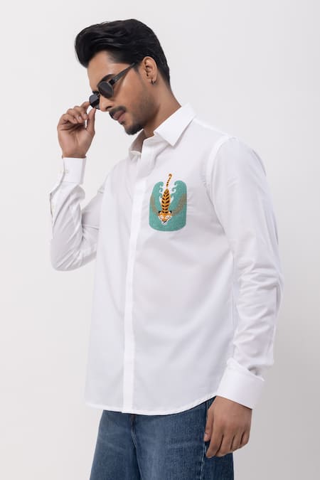Buy_Kaka Calcutta_White Cotton Embroidery Hand Designer Shirt _Online_at_Aza_Fashions