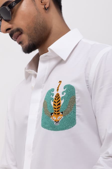 Shop_Kaka Calcutta_White Cotton Embroidery Hand Designer Shirt _Online_at_Aza_Fashions