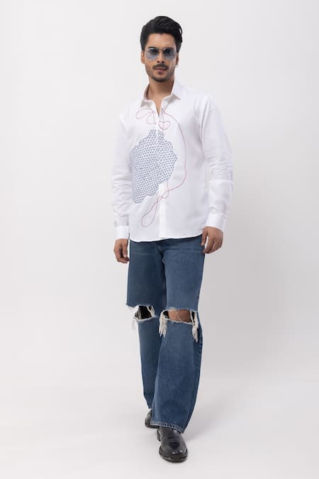 Kaka Calcutta_White Cotton Embroidery Hand Shirt _Online_at_Aza_Fashions