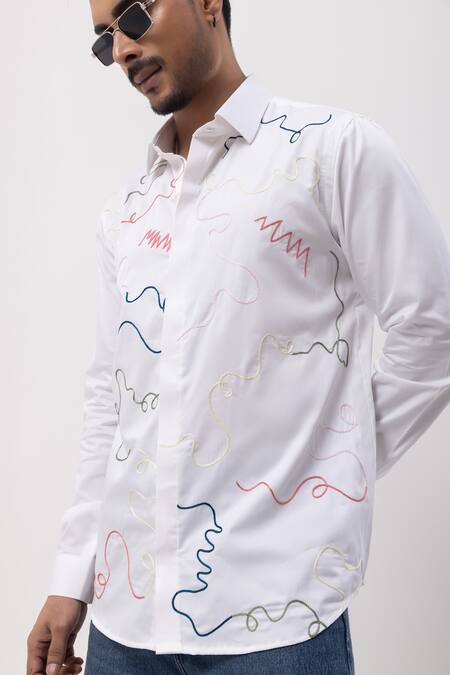 Shop_Kaka Calcutta_White Cotton Embroidery Colorful Ribbon Hand Shirt _Online_at_Aza_Fashions