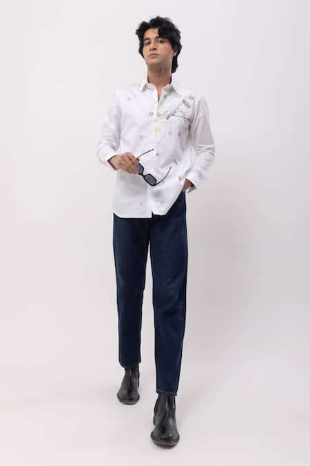 Kaka Calcutta_White Cotton Embroidery Hand Shirt _Online_at_Aza_Fashions