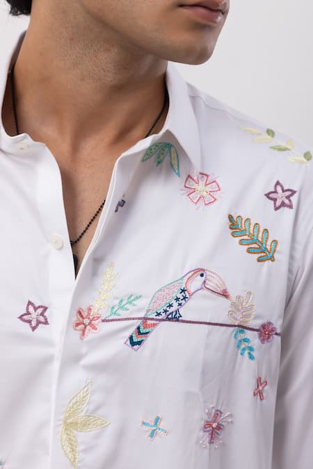 Shop_Kaka Calcutta_White Cotton Embroidery Hand Shirt _Online_at_Aza_Fashions