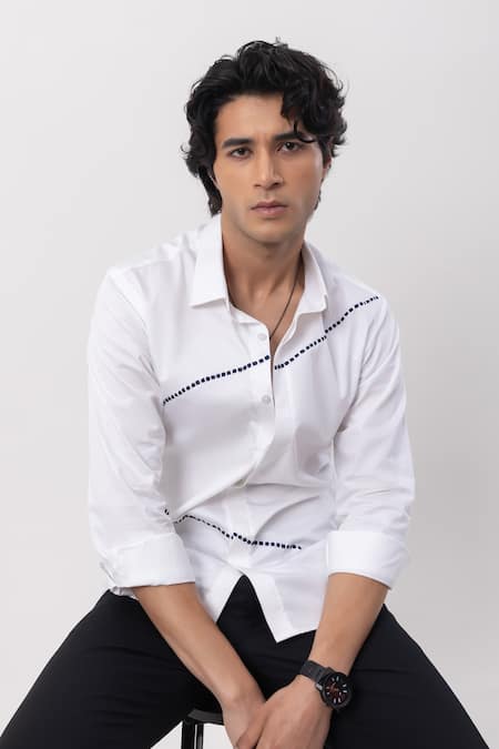 Shop_Kaka Calcutta_White Cotton Embroidery Hand Shirt _Online_at_Aza_Fashions