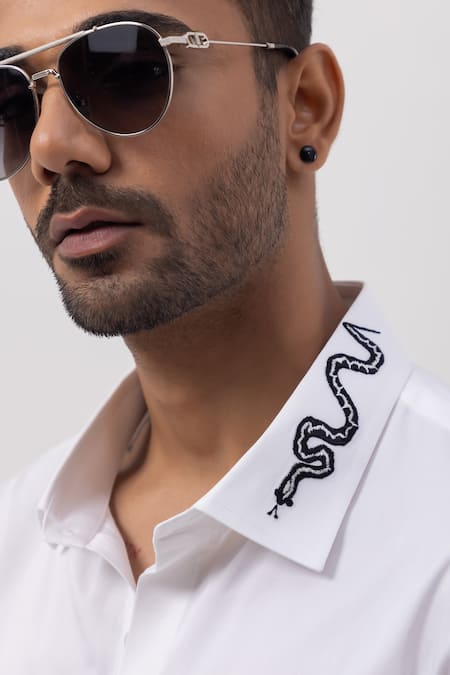Shop_Kaka Calcutta_White Cotton Embroidery Hand Shirt _Online_at_Aza_Fashions