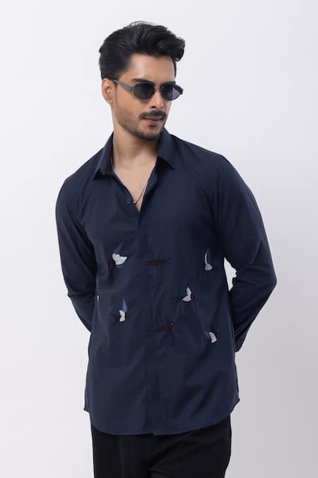 Buy_Kaka Calcutta_Blue Cotton Embroidery Navy Hand Shirt _Online_at_Aza_Fashions