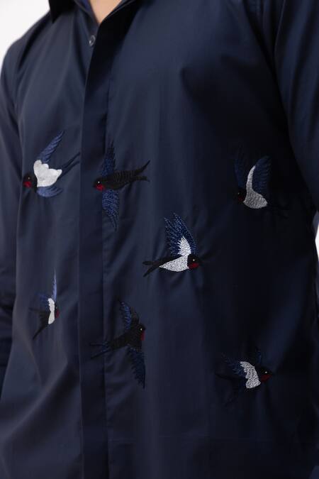 Shop_Kaka Calcutta_Blue Cotton Embroidery Navy Hand Shirt _Online_at_Aza_Fashions