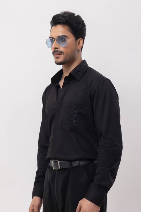 Kaka Calcutta_Black Cotton Embroidery Hand Shirt _Online_at_Aza_Fashions