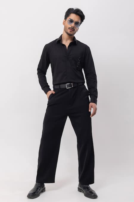 Buy_Kaka Calcutta_Black Cotton Embroidery Hand Shirt _Online_at_Aza_Fashions