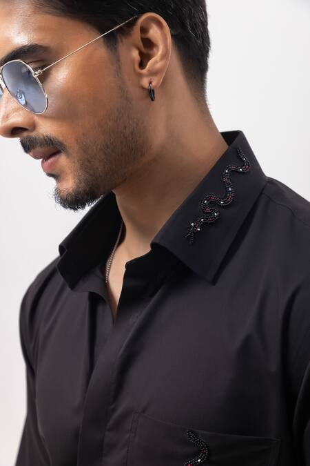 Shop_Kaka Calcutta_Black Cotton Embroidery Hand Shirt _Online_at_Aza_Fashions