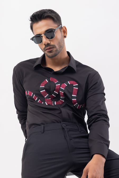 Shop_Kaka Calcutta_Black Cotton Embroidery Hand Shirt _Online_at_Aza_Fashions