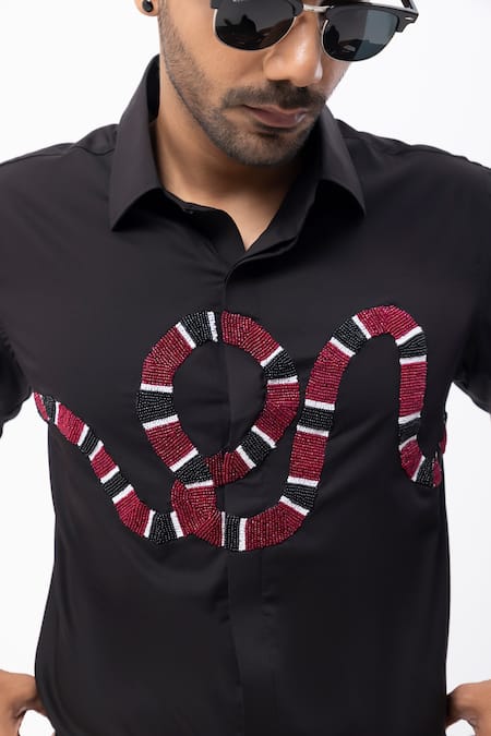 Kaka Calcutta_Black Cotton Embroidery Hand Shirt _at_Aza_Fashions