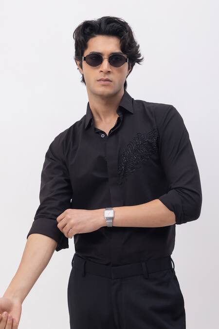 Buy_Kaka Calcutta_Black Cotton Embroidery Hand Shirt _Online_at_Aza_Fashions