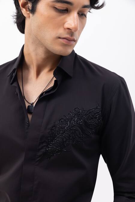 Shop_Kaka Calcutta_Black Cotton Embroidery Hand Shirt _Online_at_Aza_Fashions