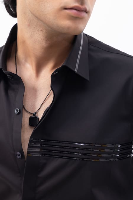 Shop_Kaka Calcutta_Black Cotton Embroidery Hand Shirt _Online_at_Aza_Fashions