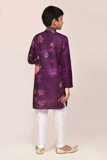 Petite Pomme Purple Printed Kurta & White Pant Set 