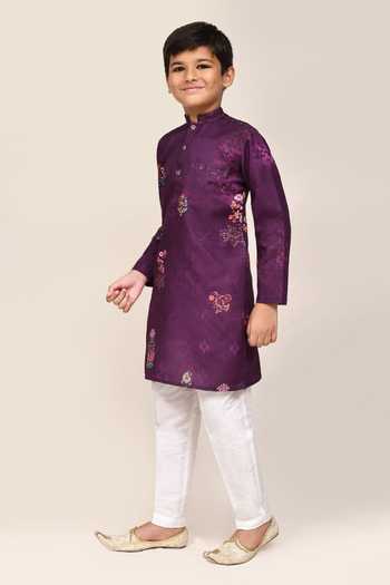 Petite Pomme_Purple Silk Printed Kurta And White Pant Set _at_Aza_Fashions