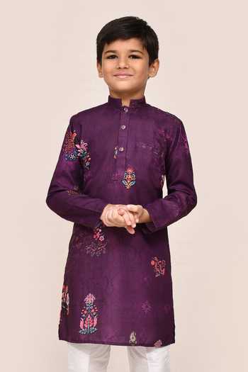 Buy Petite Pomme Purple Silk Printed Kurta And White Pant Set Buy_Petite Pomme_Purple Silk Printed Kurta And White Pant Set