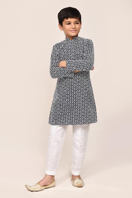 Buy_Petite Pomme_Navy Cotton, Silk Embroidery Blue Full Kurta Set _Online_at_Aza_Fashions