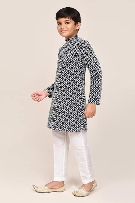 Shop_Petite Pomme_Navy Cotton, Silk Embroidery Blue Full Kurta Set _Online_at_Aza_Fashions