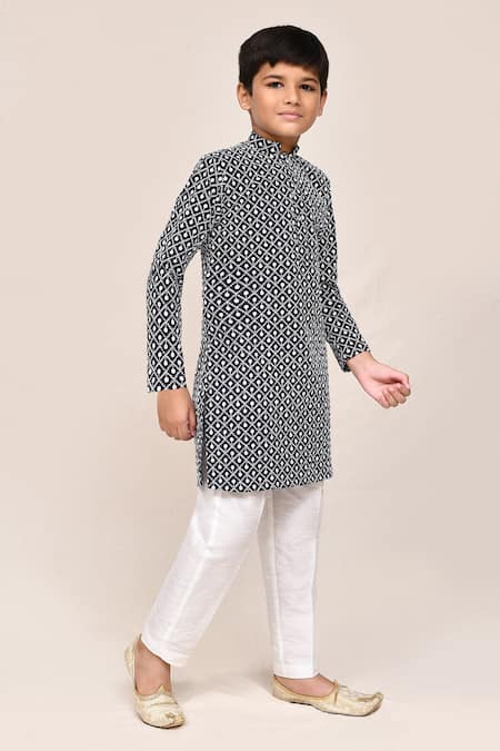 Petite Pomme_Navy Cotton, Silk Embroidery Blue Full Kurta Set _at_Aza_Fashions