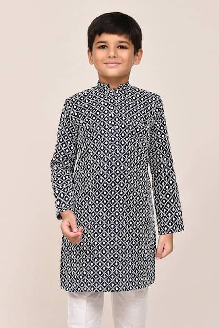 Buy_Petite Pomme_Navy Cotton, Silk Embroidery Blue Full Kurta Set 