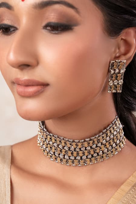 Anana Two Tone Choker Necklace & Earring Set 