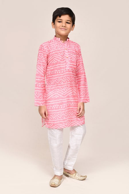 Petite Pomme Pink Bandhej Print Kurta & White Pant Set 