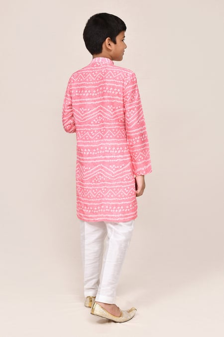 Petite Pomme Pink Bandhej Print Kurta & White Pant Set 