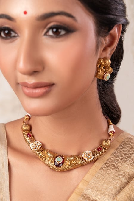 Anana Red Ruby Gold Plated Choker And Earrings Set 