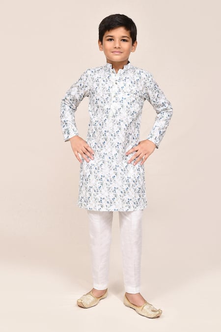 Petite Pomme White Cotton, Silk Zari Printed Kurta And Pant Set 