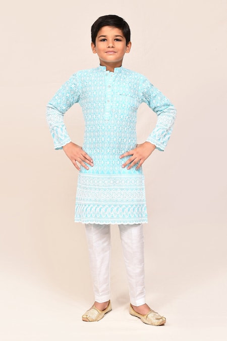 Petite Pomme Sky Blue Cotton, Silk Embroidery Kurta And Pant Set 