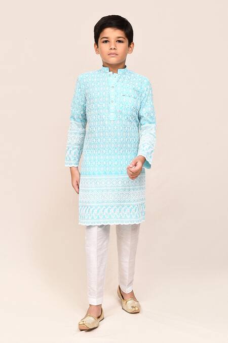 Buy_Petite Pomme_Sky Blue Cotton, Silk Embroidery Kurta And Pant Set _Online_at_Aza_Fashions