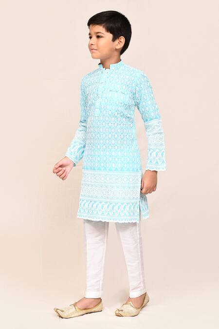 Shop_Petite Pomme_Sky Blue Cotton, Silk Embroidery Kurta And Pant Set _Online_at_Aza_Fashions