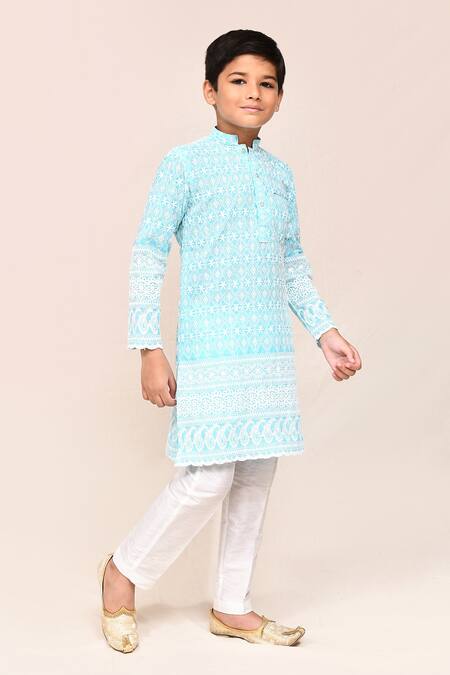Petite Pomme_Sky Blue Cotton, Silk Embroidery Kurta And Pant Set _at_Aza_Fashions
