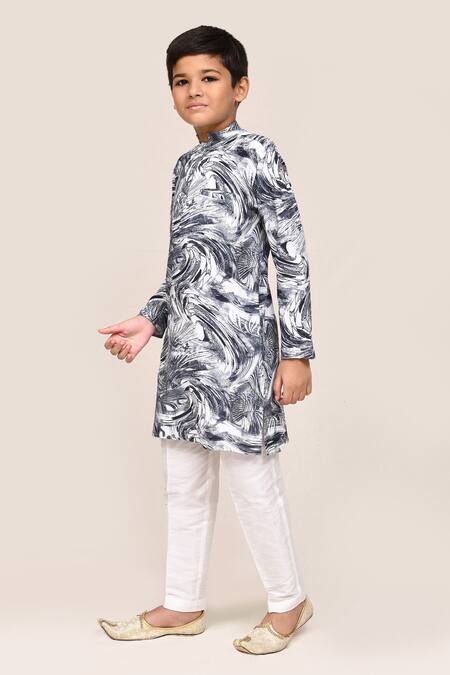 Shop_Petite Pomme_Gray Cotton, Silk Grey Digital Print Kurta And White Pant Set _Online_at_Aza_Fashions