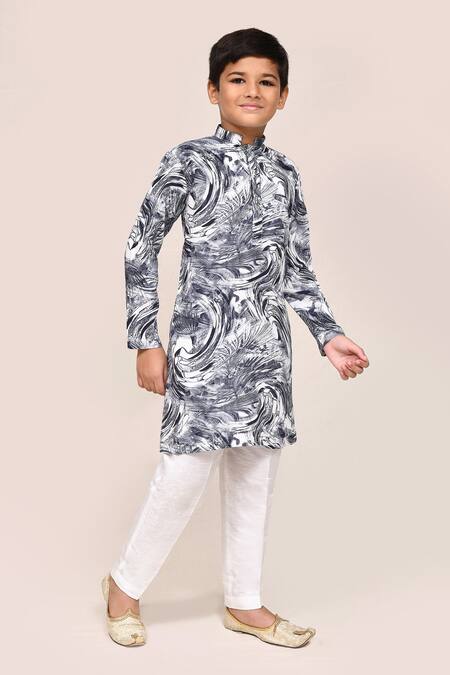 Petite Pomme_Gray Cotton, Silk Grey Digital Print Kurta And White Pant Set _at_Aza_Fashions