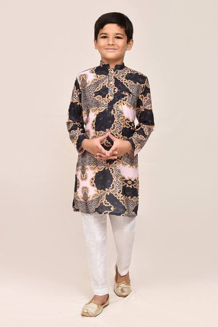 Buy_Petite Pomme_Black Cotton, Silk Digital Print Kurta And White Pant Set _Online_at_Aza_Fashions